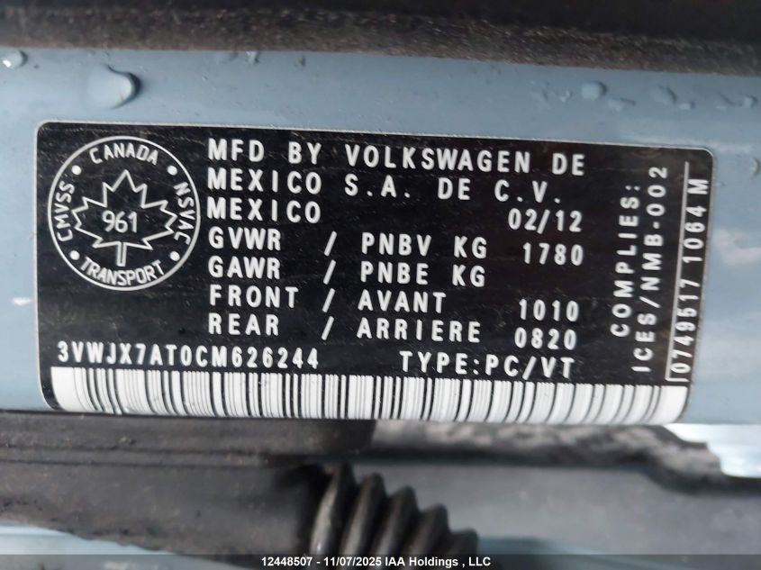 2012 Volkswagen Beetle 2.5L Comfortline/2.5L Highline/Premiere/Premiere+ VIN: 3VWJX7AT0CM626244 Lot: 12448507