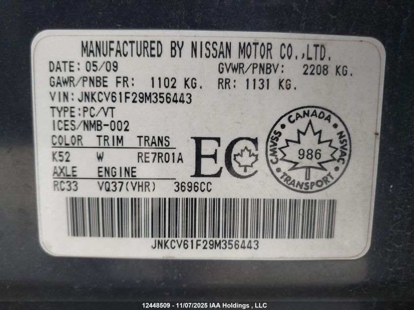 2009 Infiniti G37 VIN: JNKCV61F29M356443 Lot: 12448509