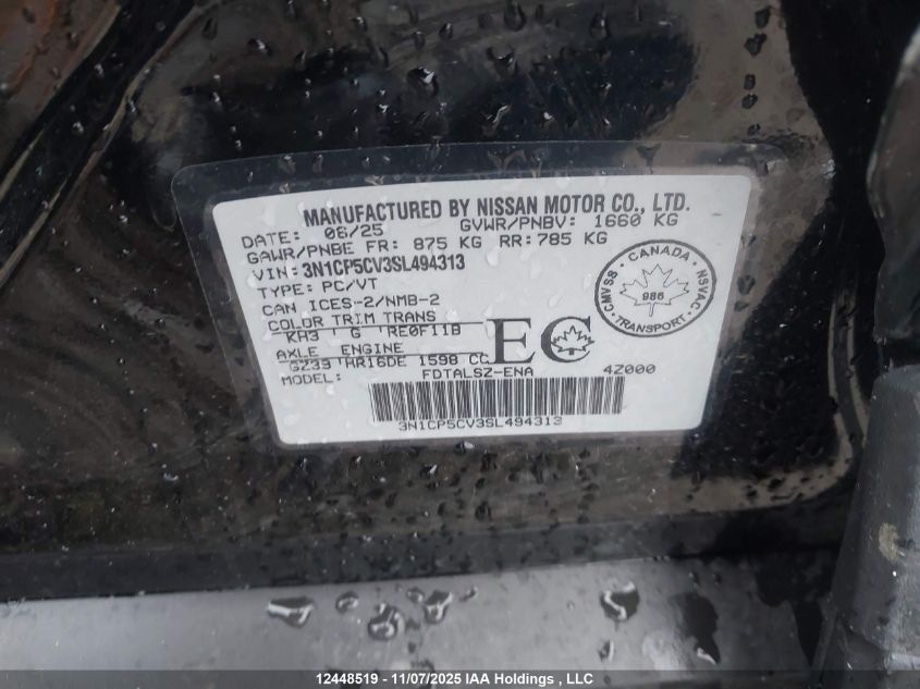 2025 Nissan Kicks Play Sv VIN: 3N1CP5CV3SL494313 Lot: 12448519