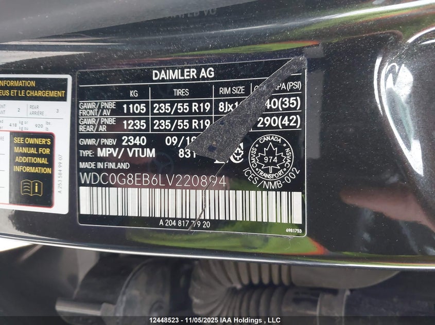 2020 Mercedes-Benz Glc 300 4Matic VIN: WDC0G8EB6LV220894 Lot: 12448523