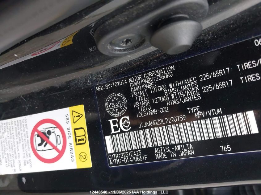 2020 Lexus Nx 300 Base/300 Luxury/300 F Sport VIN: JTJAARDZ2L2220759 Lot: 12448548