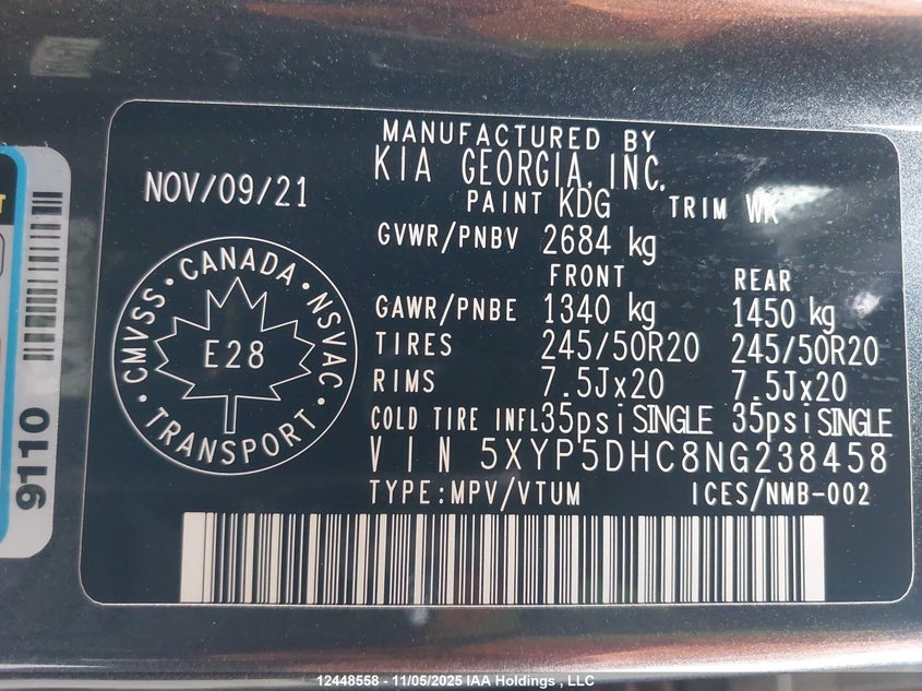 2022 Kia Telluride Sx VIN: 5XYP5DHC8NG238458 Lot: 12448558