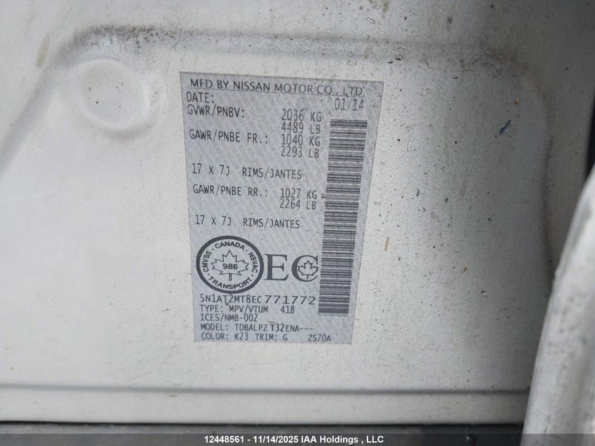 2014 Nissan Rogue VIN: 5N1AT2MT8EC771772 Lot: 12448561