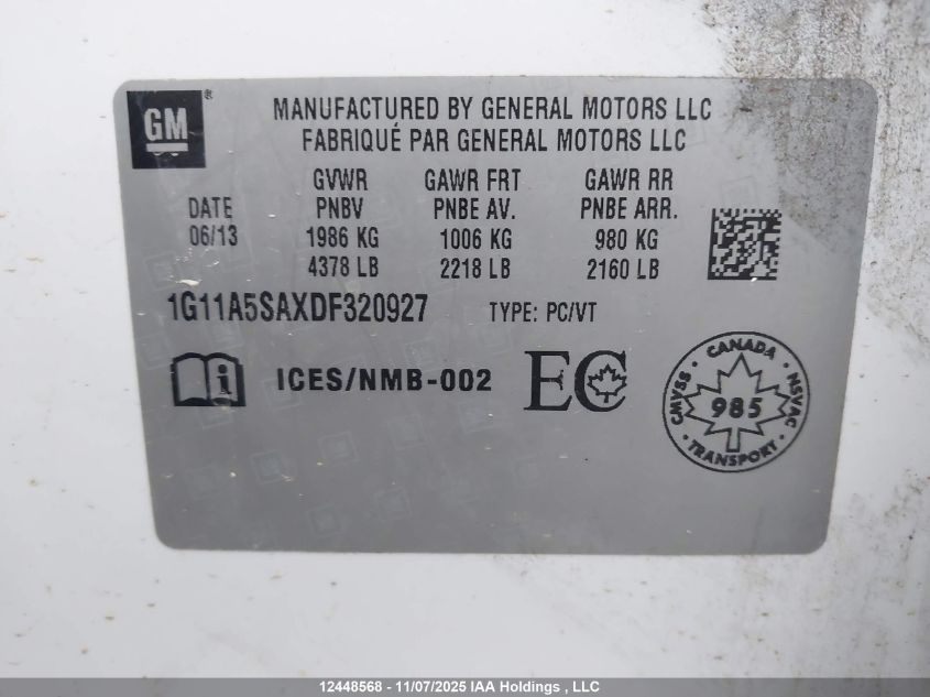 2013 Chevrolet Malibu Ls VIN: 1G11A5SAXDF320927 Lot: 12448568