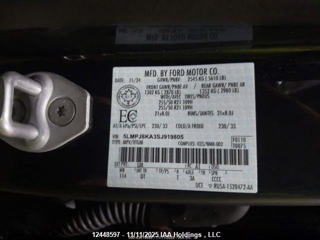 2025 Lincoln Nautilus Reserve VIN: 5LMPJ8KA3SJ919805 Lot: 12448597