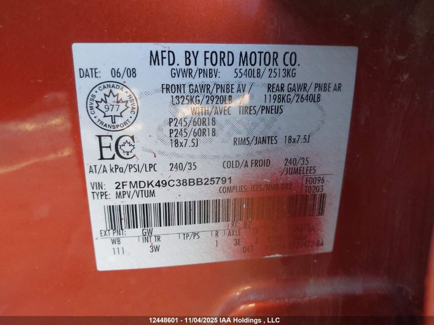 2008 Ford Edge Limited VIN: 2FMDK49C38BB25791 Lot: 12448601