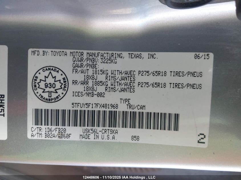 2015 Toyota Tundra Sr 5.7L V8 VIN: 5TFUY5F17FX481968 Lot: 12448606