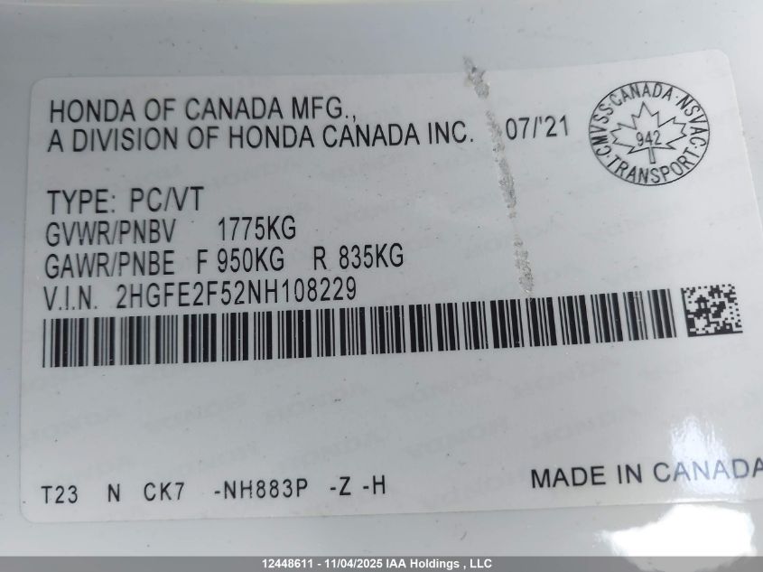 2022 Honda Civic Sport VIN: 2HGFE2F52NH108229 Lot: 12448611