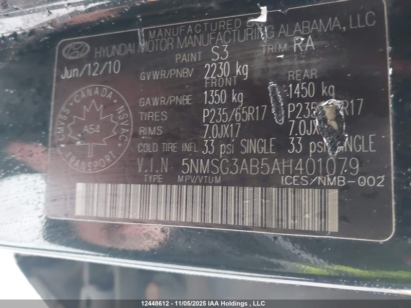 5NMSG3AB5AH401079 2010 HYUNDAI SANTA FE photo no. 9