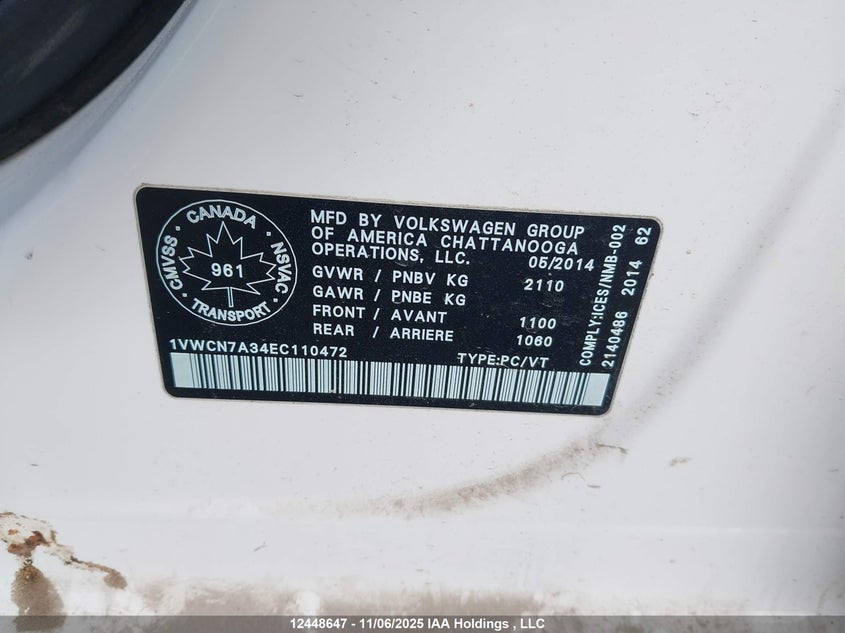 1VWCN7A34EC110472 2014 VOLKSWAGEN PASSAT photo no. 9