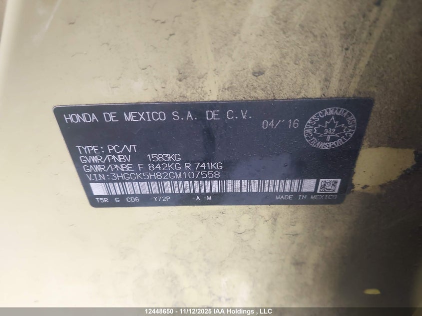 2016 Honda Fit Ex/Exl VIN: 3HGGK5H82GM107558 Lot: 12448650