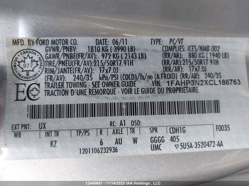 1FAHP3N2XCL186763 2012 FORD FOCUS photo no. 9