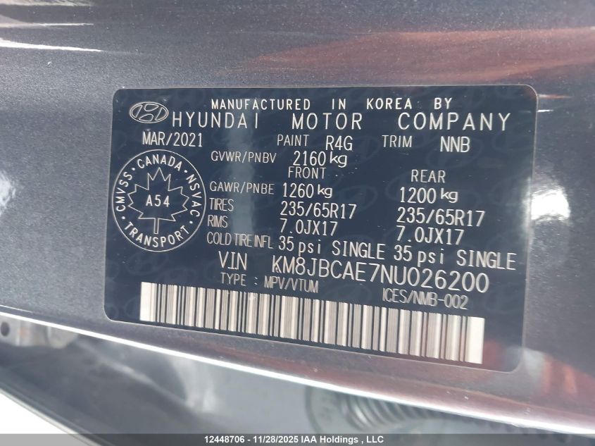 2022 Hyundai Tucson Preferred Awd VIN: KM8JBCAE7NU026200 Lot: 12448706