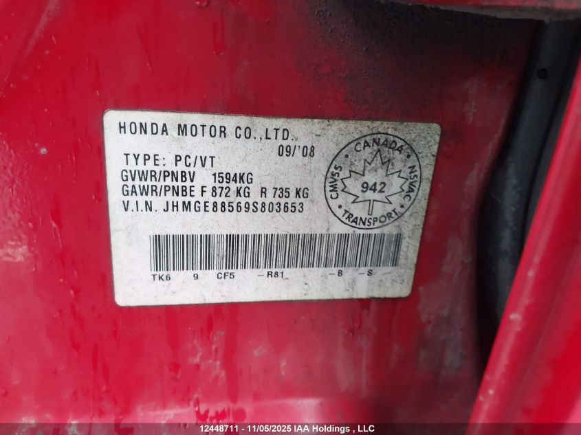 2009 Honda Fit Lx VIN: JHMGE88569S803653 Lot: 12448711