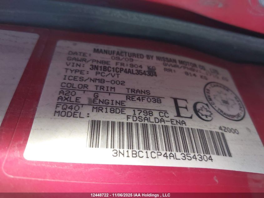 2010 Nissan Versa S/Sl VIN: 3N1BC1CP4AL354304 Lot: 12448722