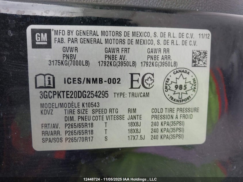 2013 Chevrolet Silverado K1500 Ltz VIN: 3GCPKTE20DG254295 Lot: 12448724