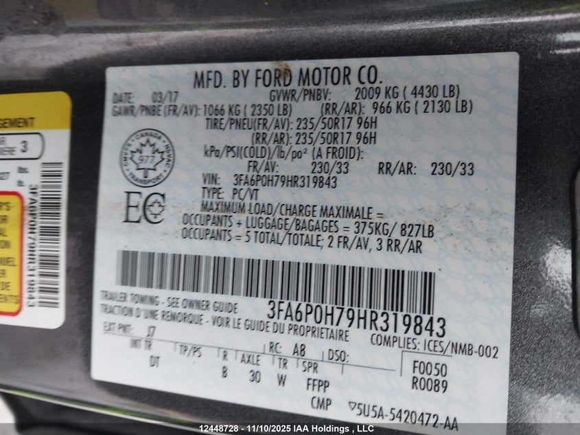 2017 Ford Fusion Se VIN: 3FA6P0H79HR319843 Lot: 12448728