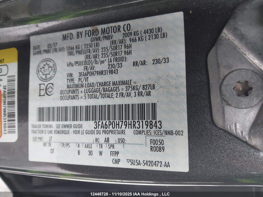 2017 Ford Fusion Se VIN: 3FA6P0H79HR319843 Lot: 12448728