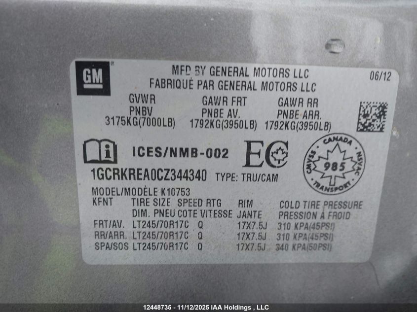 2012 Chevrolet Silverado 1500 Ls VIN: 1GCRKREA0CZ344340 Lot: 12448735