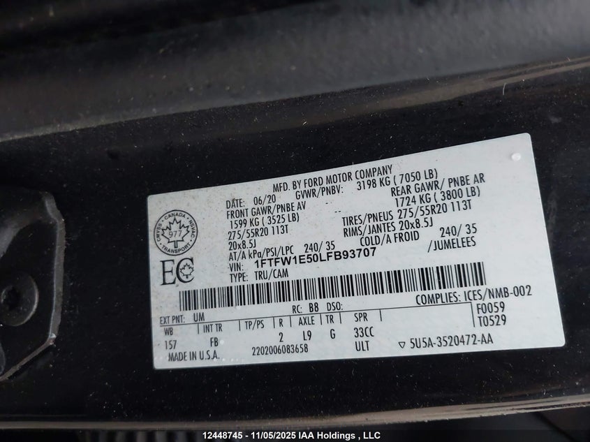 1FTFW1E50LFB93707 2020 FORD F-150 photo no. 9