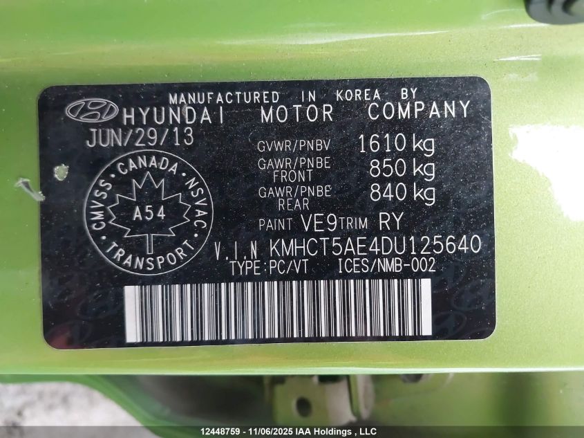 2013 Hyundai Accent Gls/Gs VIN: KMHCT5AE4DU125640 Lot: 12448759