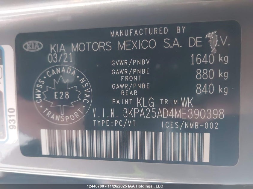 2021 Kia Rio Lx Premium/Lx+ VIN: 3KPA25AD4ME390398 Lot: 12448780