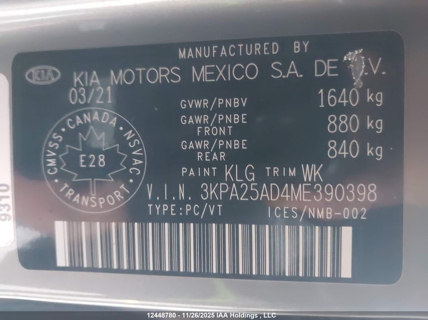 2021 Kia Rio Lx Premium/Lx+ VIN: 3KPA25AD4ME390398 Lot: 12448780