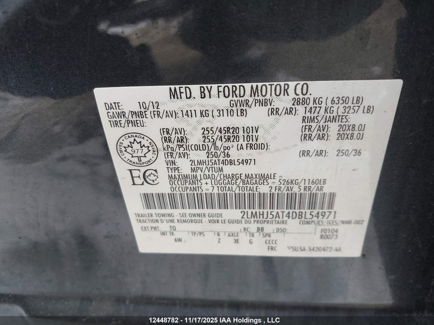 2013 Lincoln Mkt VIN: 2LMHJ5AT4DBL54971 Lot: 12448782