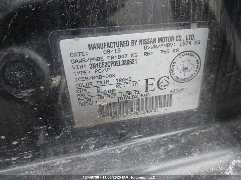 2014 Nissan Versa Note S/S Plus/Sv/Sl VIN: 3N1CE2CP0EL380621 Lot: 12448790