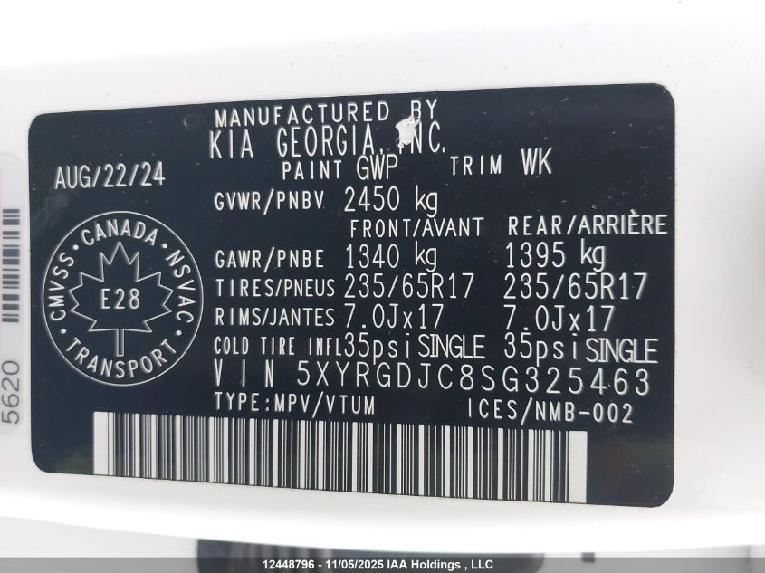 2025 Kia Sorento Lx VIN: 5XYRGDJC8SG325463 Lot: 12448796