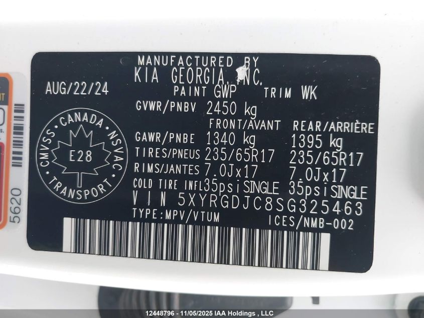 2025 Kia Sorento Lx VIN: 5XYRGDJC8SG325463 Lot: 12448796