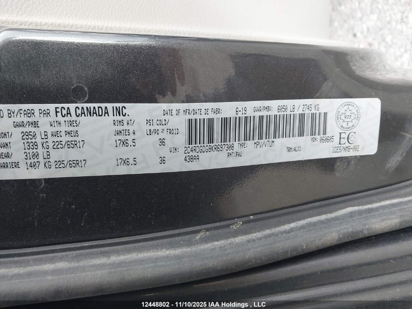 2019 Dodge Grand Caravan Crew VIN: 2C4RDGDG8KR697308 Lot: 12448802