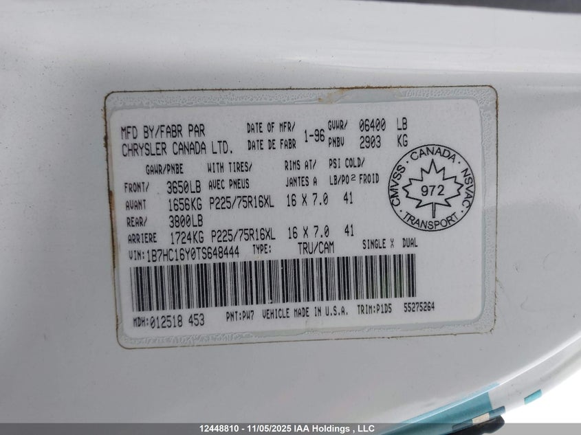 1996 Dodge Ram 1500 VIN: 1B7HC16Y0TS648444 Lot: 12448810