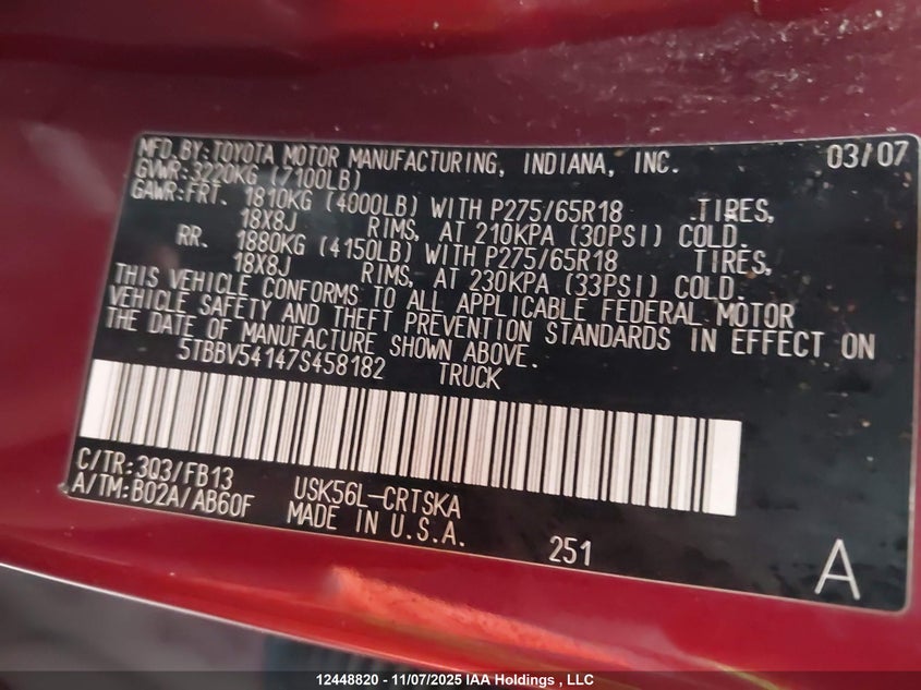 5TBBV54147S458182 2007 TOYOTA TUNDRA photo no. 9