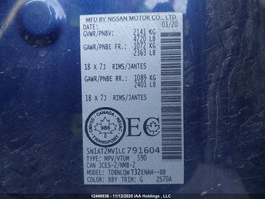 2020 Nissan Rogue Sv VIN: 5N1AT2MV1LC791604 Lot: 12448836