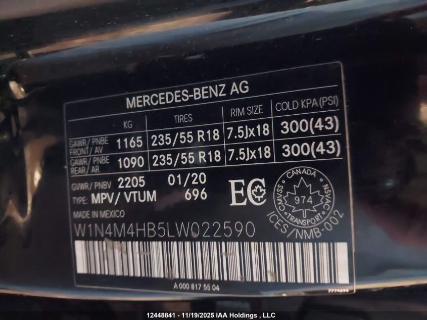 2020 Mercedes-Benz Glb 250 4Matic VIN: W1N4M4HB5LW022590 Lot: 12448841