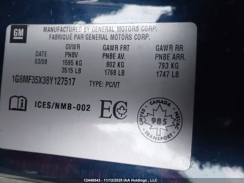 2008 Saturn Sky Redline VIN: 1G8MF35X38Y127517 Lot: 12448843