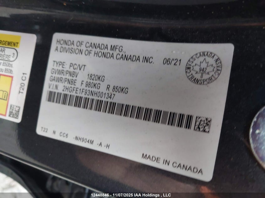 2HGFE1F93NH001347 2022 HONDA CIVIC photo no. 9