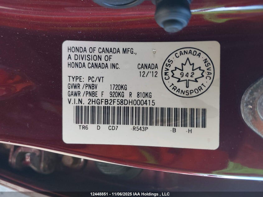 2013 Honda Civic VIN: 2HGFB2F58DH000415 Lot: 12448851