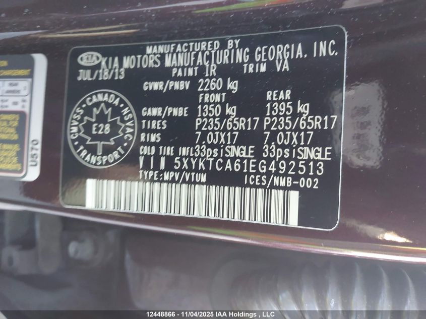 2014 Kia Sorento Lx VIN: 5XYKTCA61EG492513 Lot: 12448866