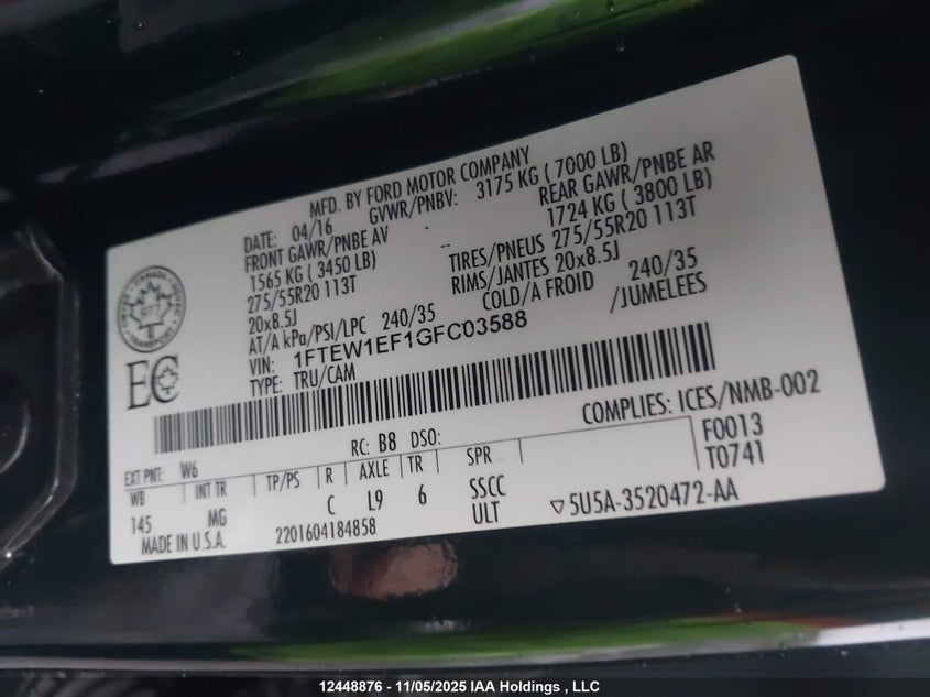 1FTEW1EF1GFC03588 2016 FORD F-150 photo no. 9