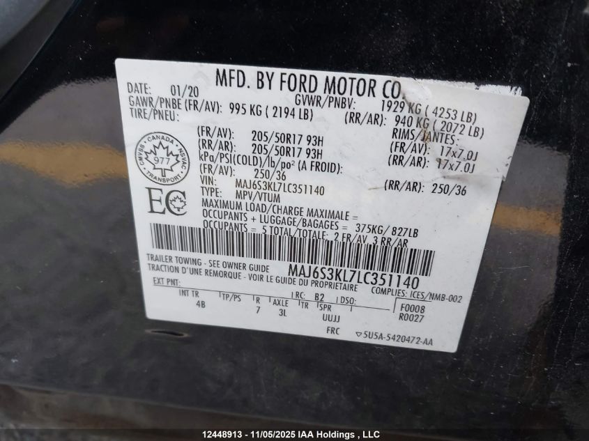 2020 Ford Ecosport Titanium VIN: MAJ6S3KL7LC351140 Lot: 12448913