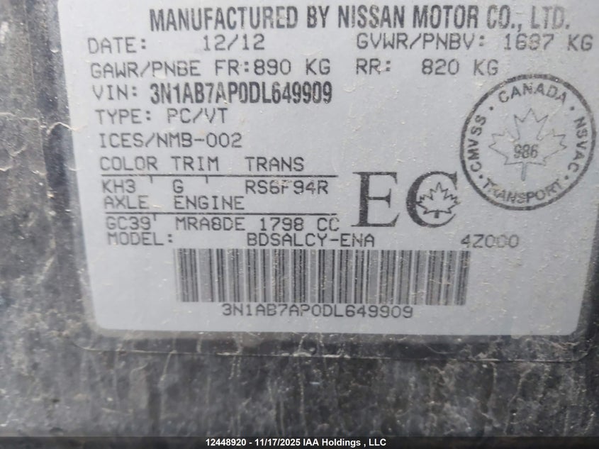 2013 Nissan Sentra VIN: 3N1AB7AP0DL649909 Lot: 12448920