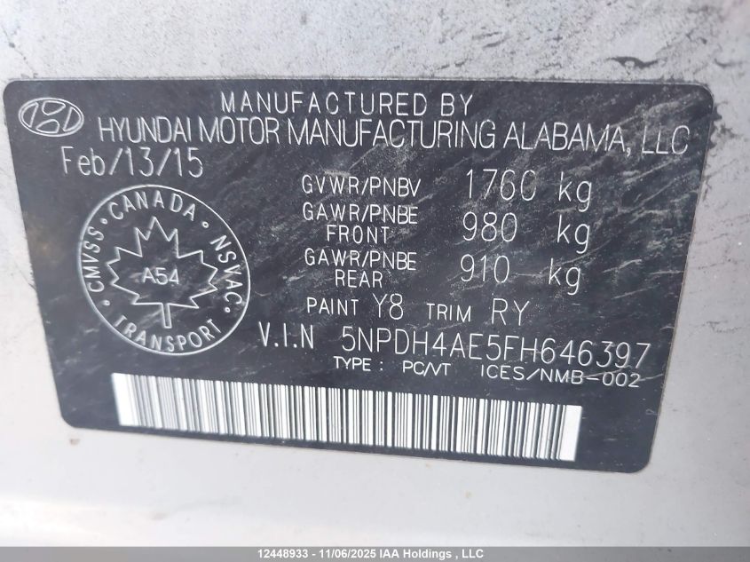 2015 Hyundai Elantra Gl VIN: 5NPDH4AE5FH646397 Lot: 12448933