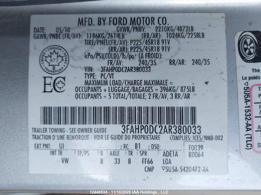 2010 Ford Fusion Sport VIN: 3FAHP0DC2AR380033 Lot: 12448934