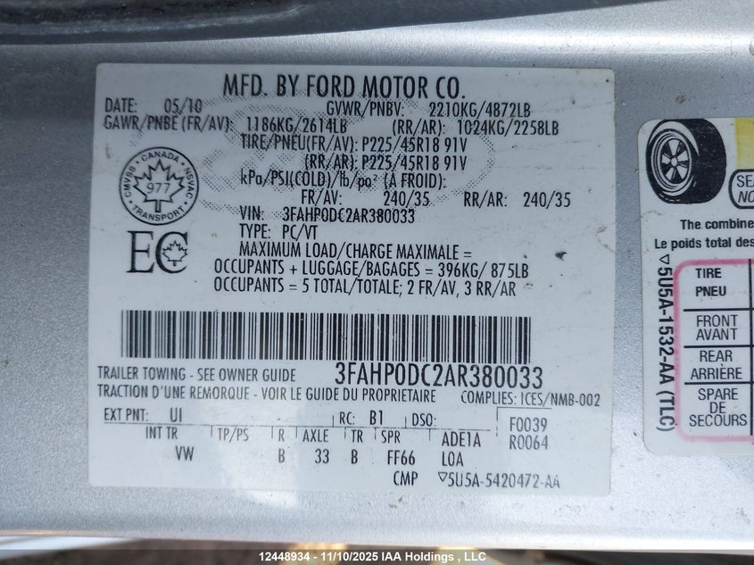 2010 Ford Fusion Sport VIN: 3FAHP0DC2AR380033 Lot: 12448934