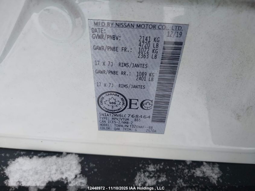 2020 Nissan Rogue VIN: 5N1AT2MV6LC768464 Lot: 12448972