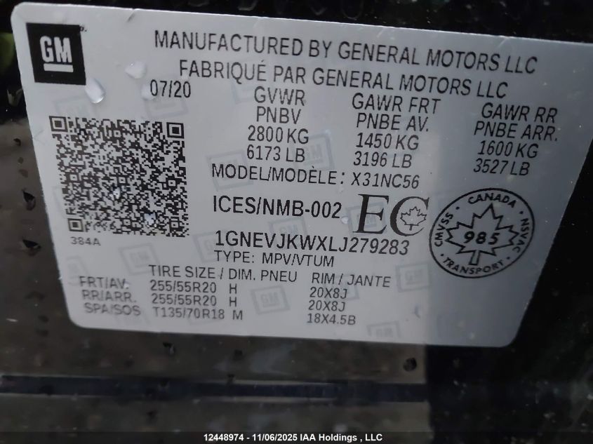 2020 Chevrolet Traverse Rs VIN: 1GNEVJKWXLJ279283 Lot: 12448974