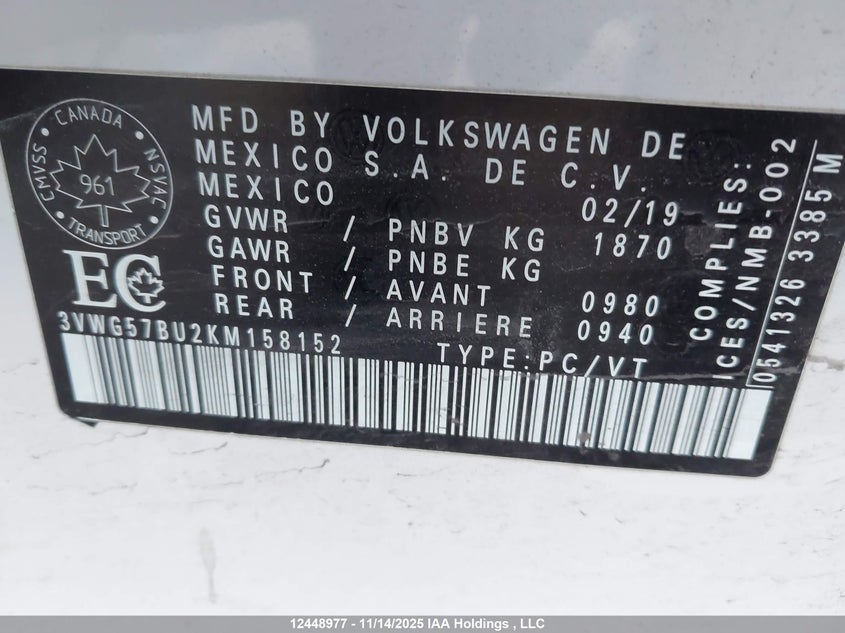 3VWG57BU2KM158152 2019 VOLKSWAGEN JETTA photo no. 9