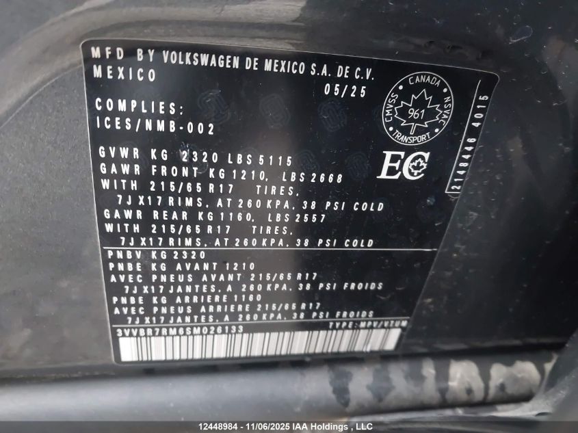 2025 Volkswagen Tiguan S VIN: 3VVBR7RM6SM026133 Lot: 12448984